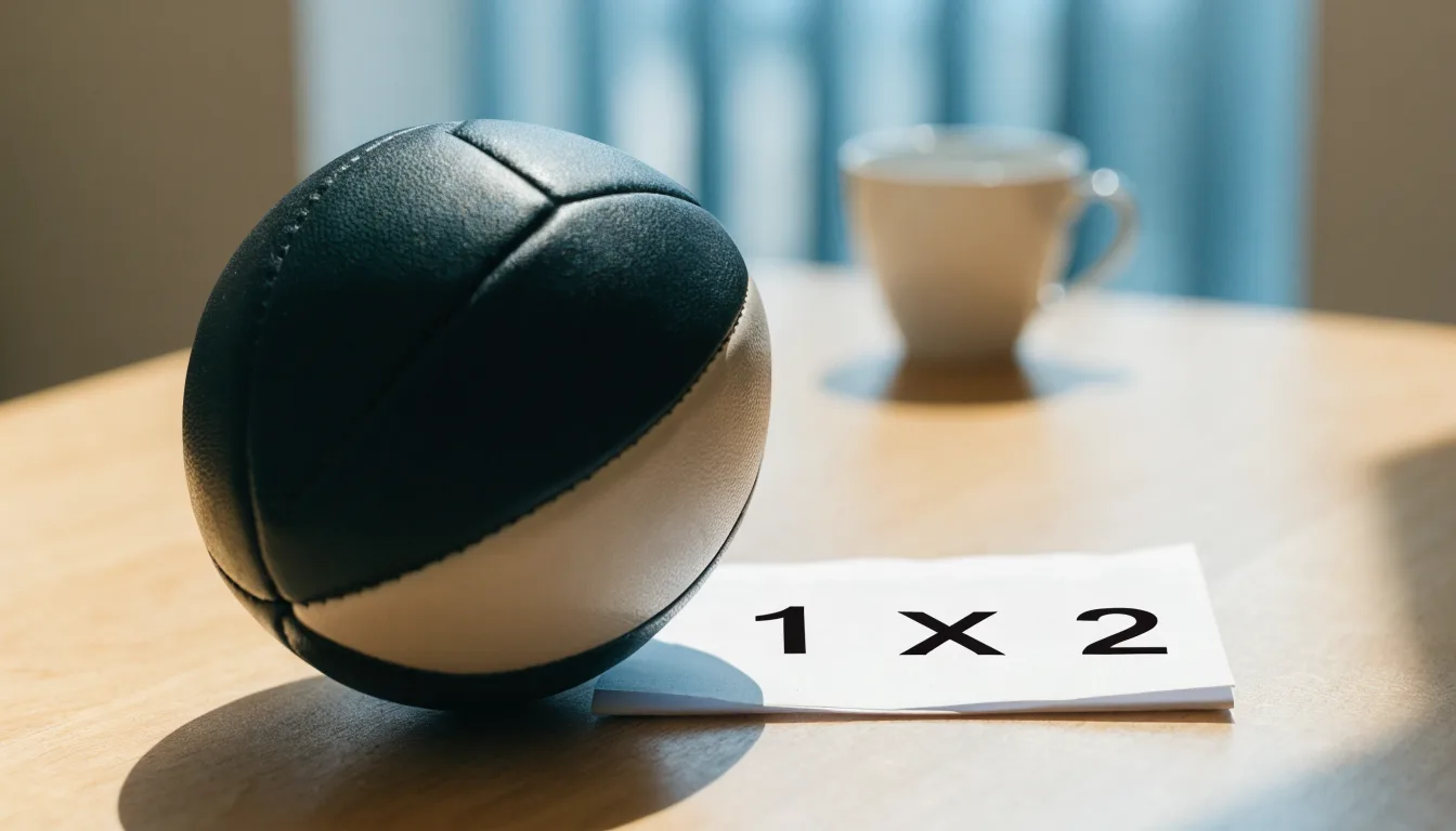Un pallone da calcio appoggiato su una schedina bianca su un tavolo di legno, alla luce del giorno
