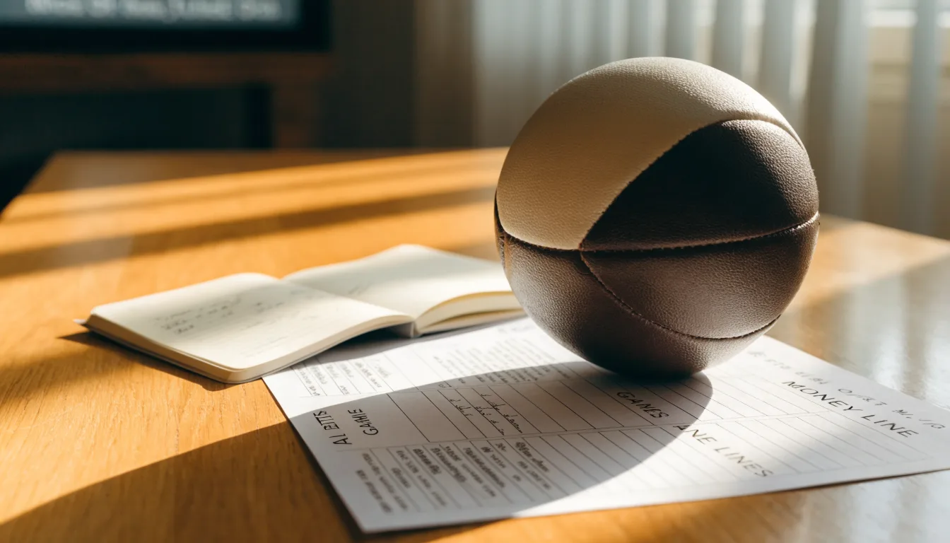 Un pallone da calcio appoggiato su una schedina bianca su un tavolo di legno, alla luce del giorno