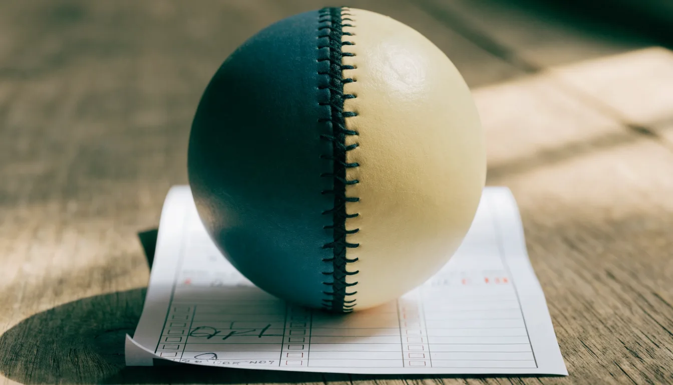 Un pallone da calcio appoggiato su una schedina bianca su un tavolo di legno, alla luce del giorno