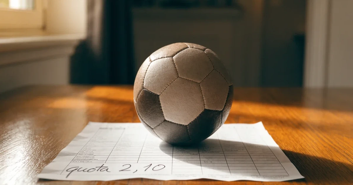 Un pallone da calcio appoggiato su una schedina bianca su un tavolo di legno, alla luce del giorno