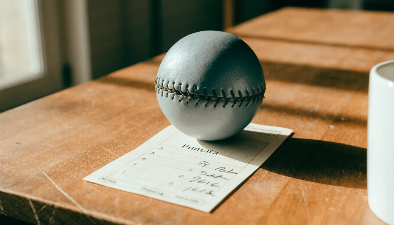 Un pallone da calcio appoggiato su una schedina bianca su un tavolo di legno, alla luce del giorno