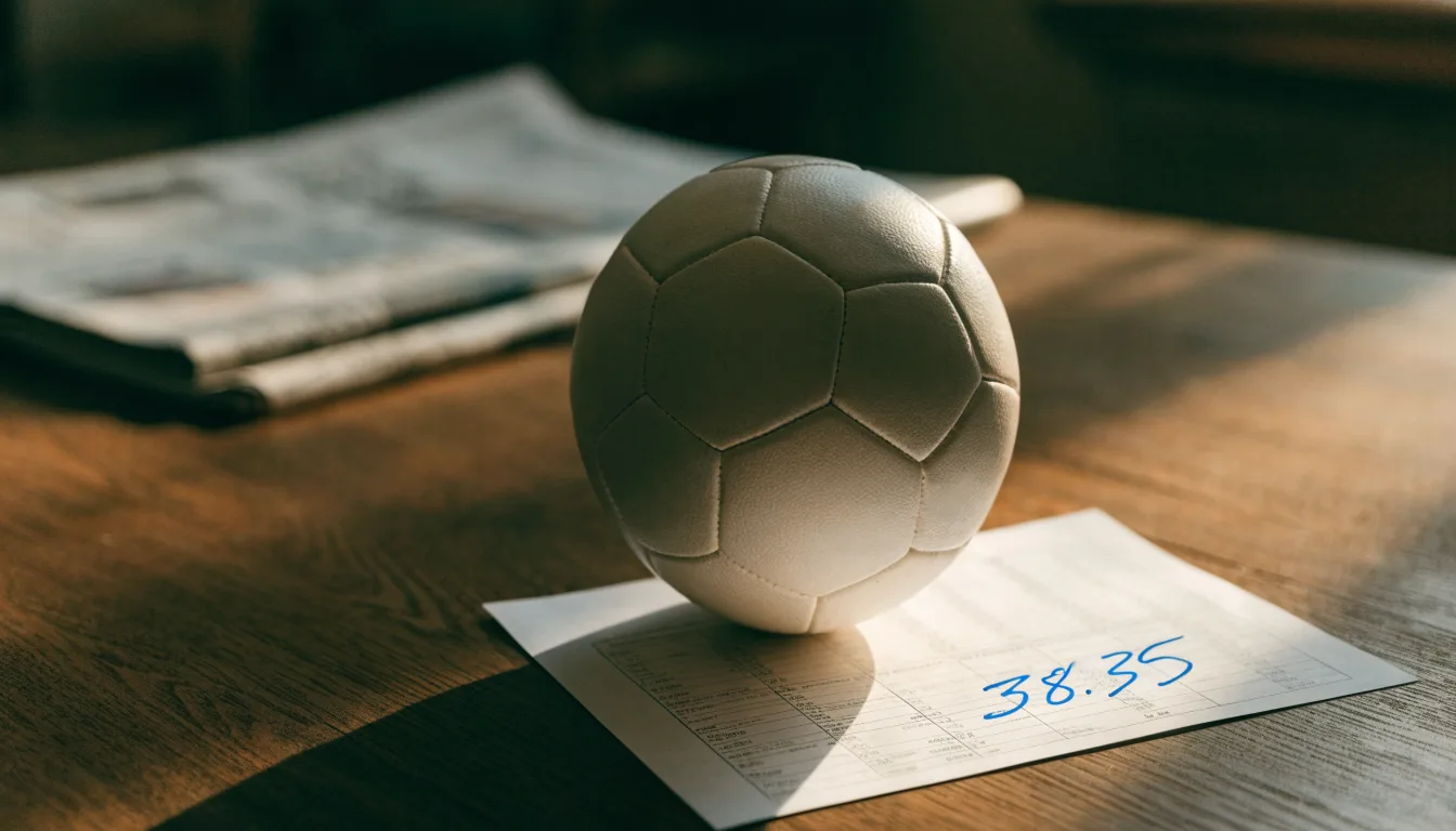 Un pallone da calcio appoggiato su una schedina bianca su un tavolo di legno, alla luce del giorno
