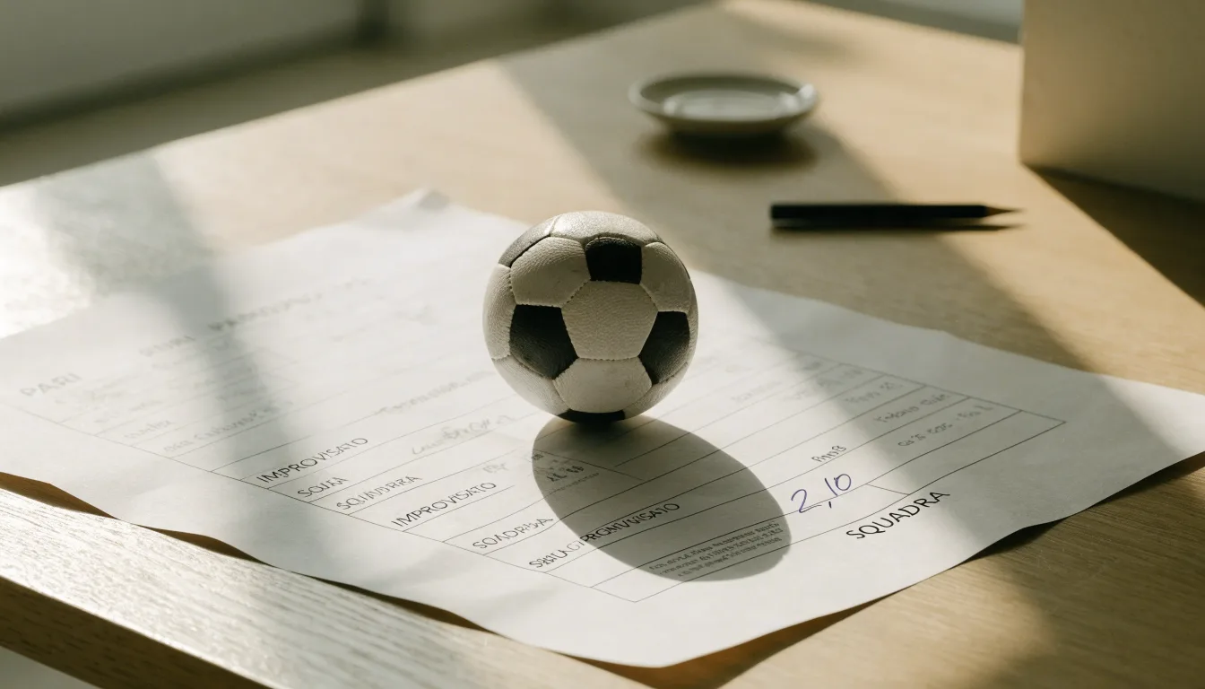 Un pallone da calcio appoggiato su una schedina bianca su un tavolo di legno, alla luce del giorno