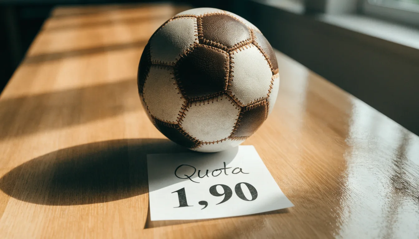 Un pallone da calcio appoggiato su una schedina bianca su un tavolo di legno, alla luce del giorno