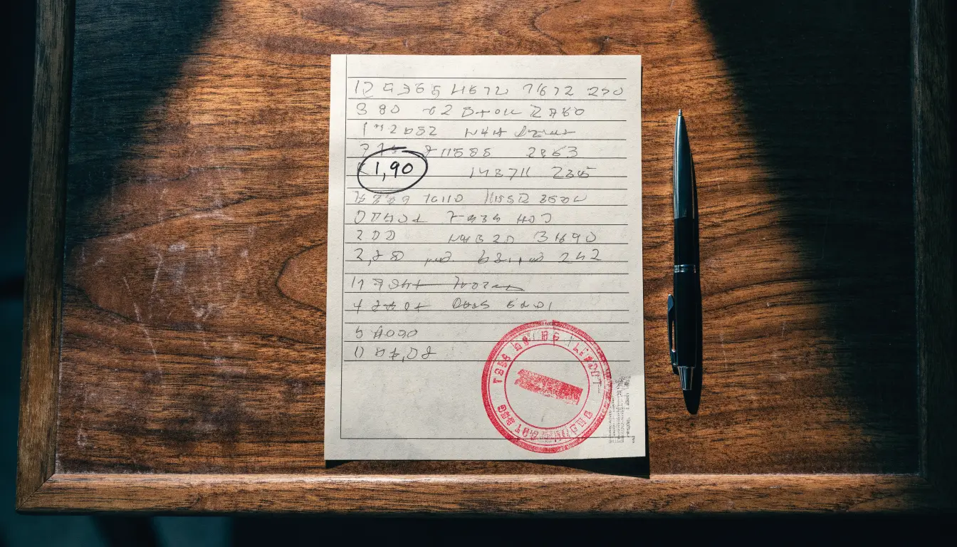 Un foglio di concessione in carta con un timbro rosso, appoggiato su una scrivania di legno accanto a una penna