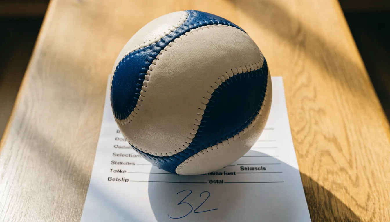 Un pallone da calcio appoggiato su una schedina bianca su un tavolo di legno, alla luce del giorno