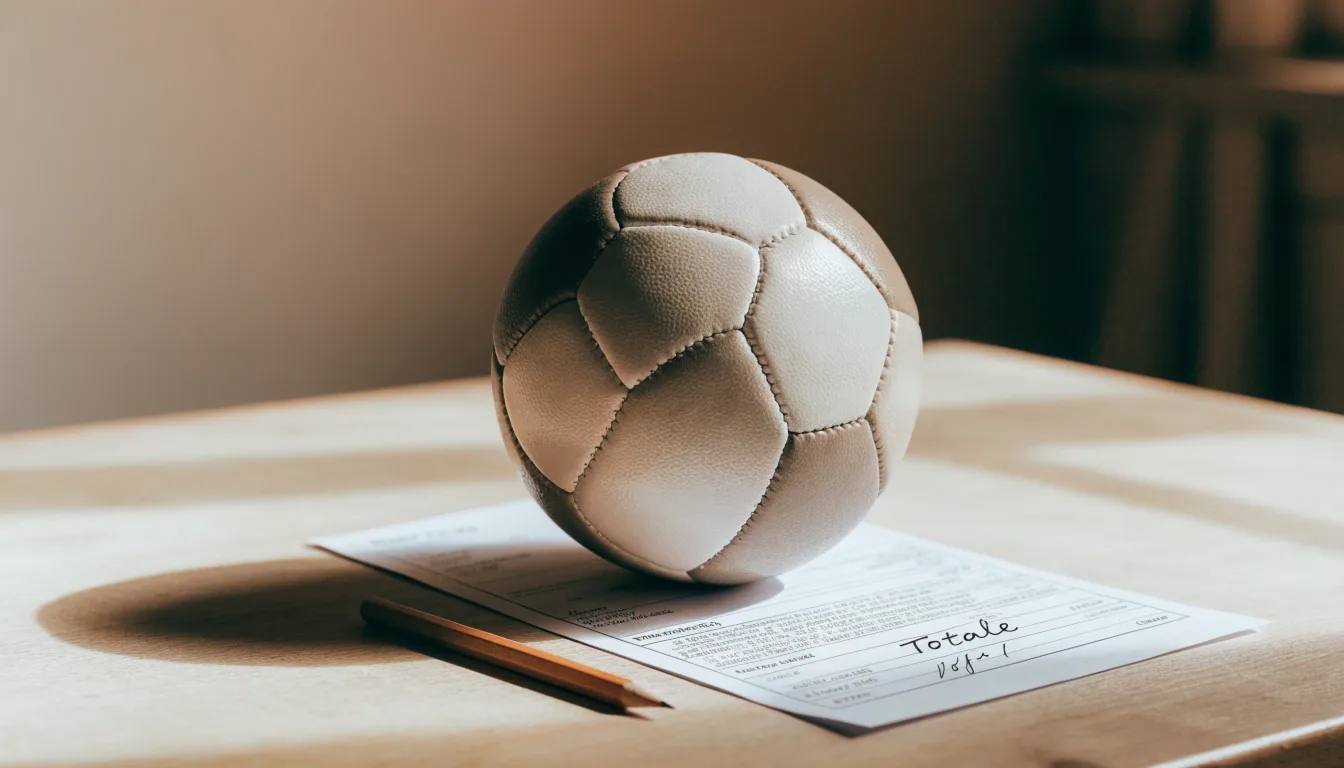Un pallone da calcio appoggiato su una schedina bianca su un tavolo di legno, alla luce del giorno