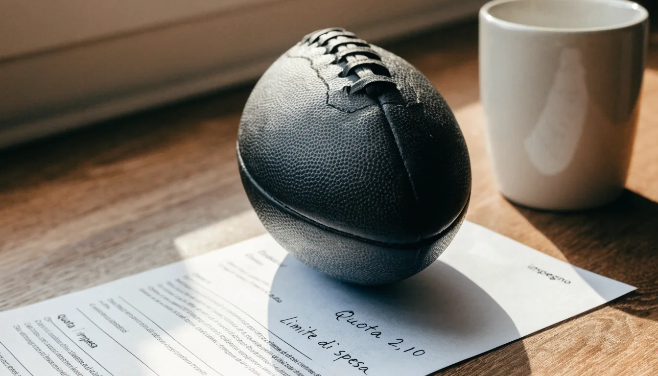 Un pallone da calcio appoggiato su una schedina bianca su un tavolo di legno, alla luce del giorno