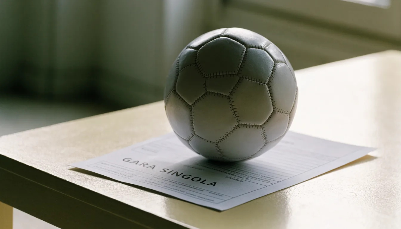 Un pallone da calcio appoggiato su una schedina bianca su un tavolo di legno, alla luce del giorno