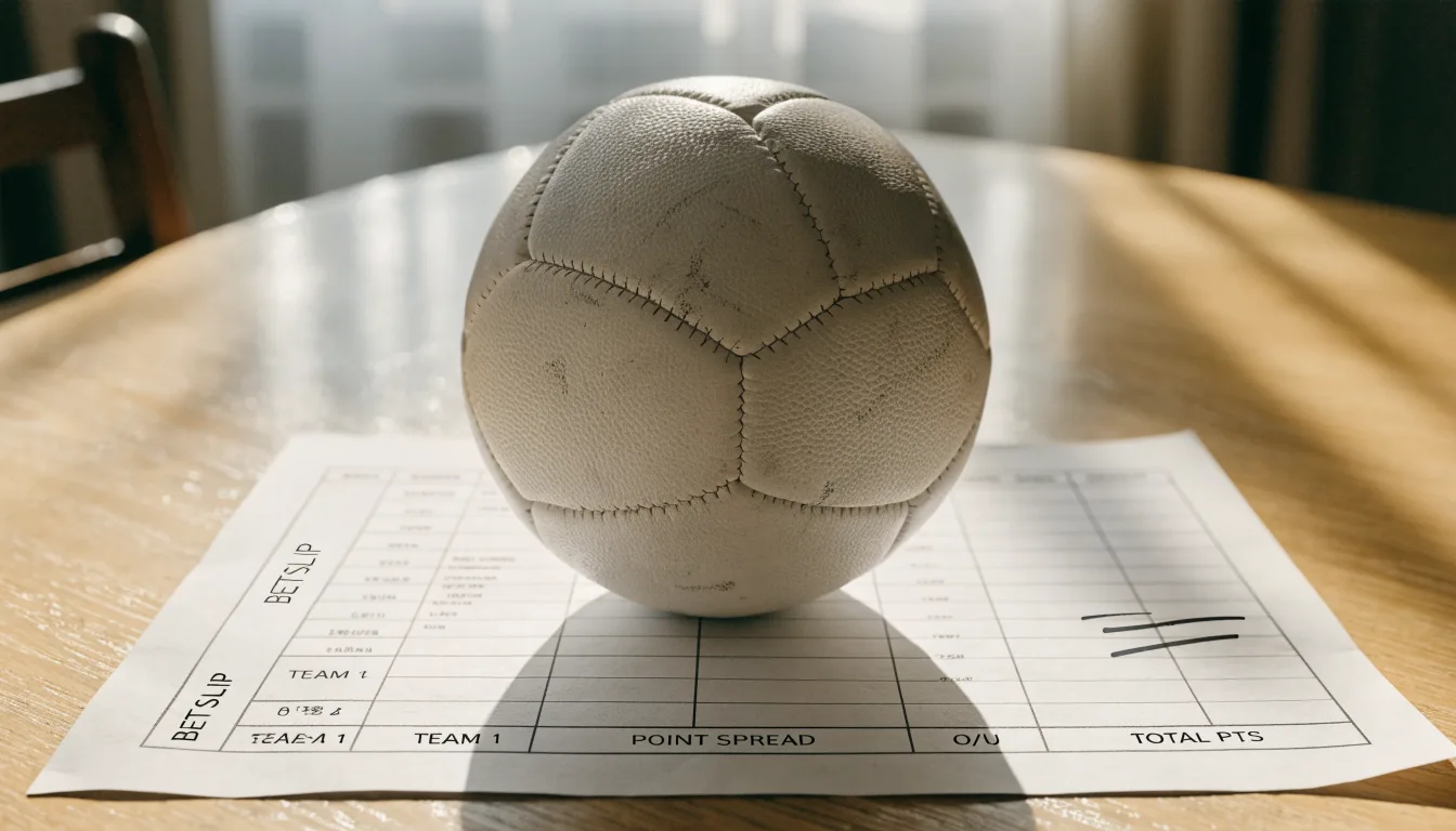 Un pallone da calcio appoggiato su una schedina bianca su un tavolo di legno, alla luce del giorno