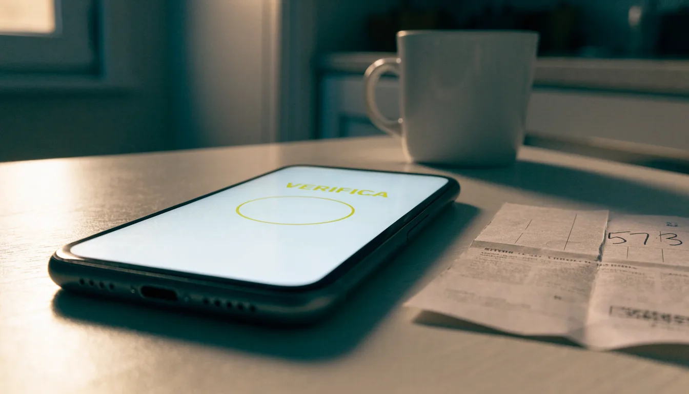 Un documento di identità appoggiato accanto a uno smartphone con un timer sullo schermo, su un tavolo da cucina