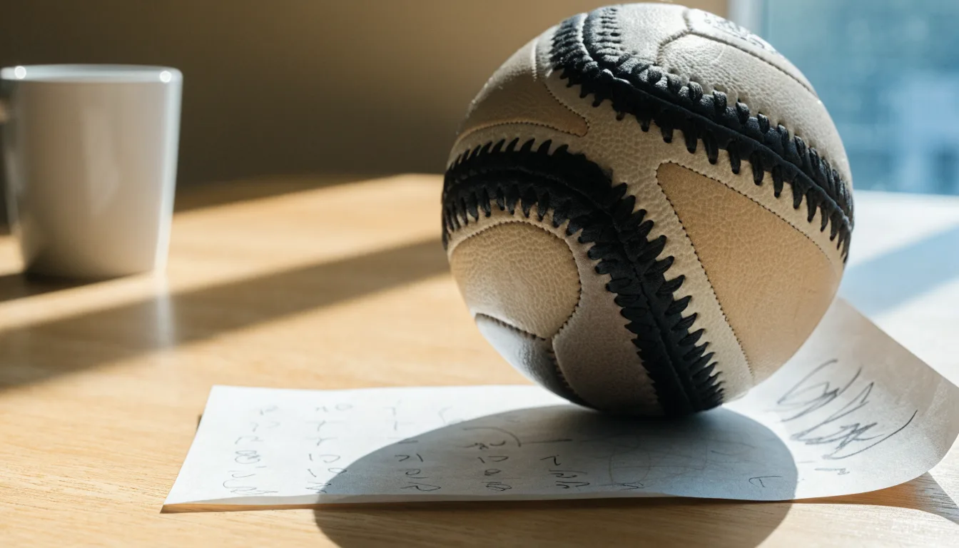 Un pallone da calcio appoggiato su una schedina bianca su un tavolo di legno, alla luce del giorno