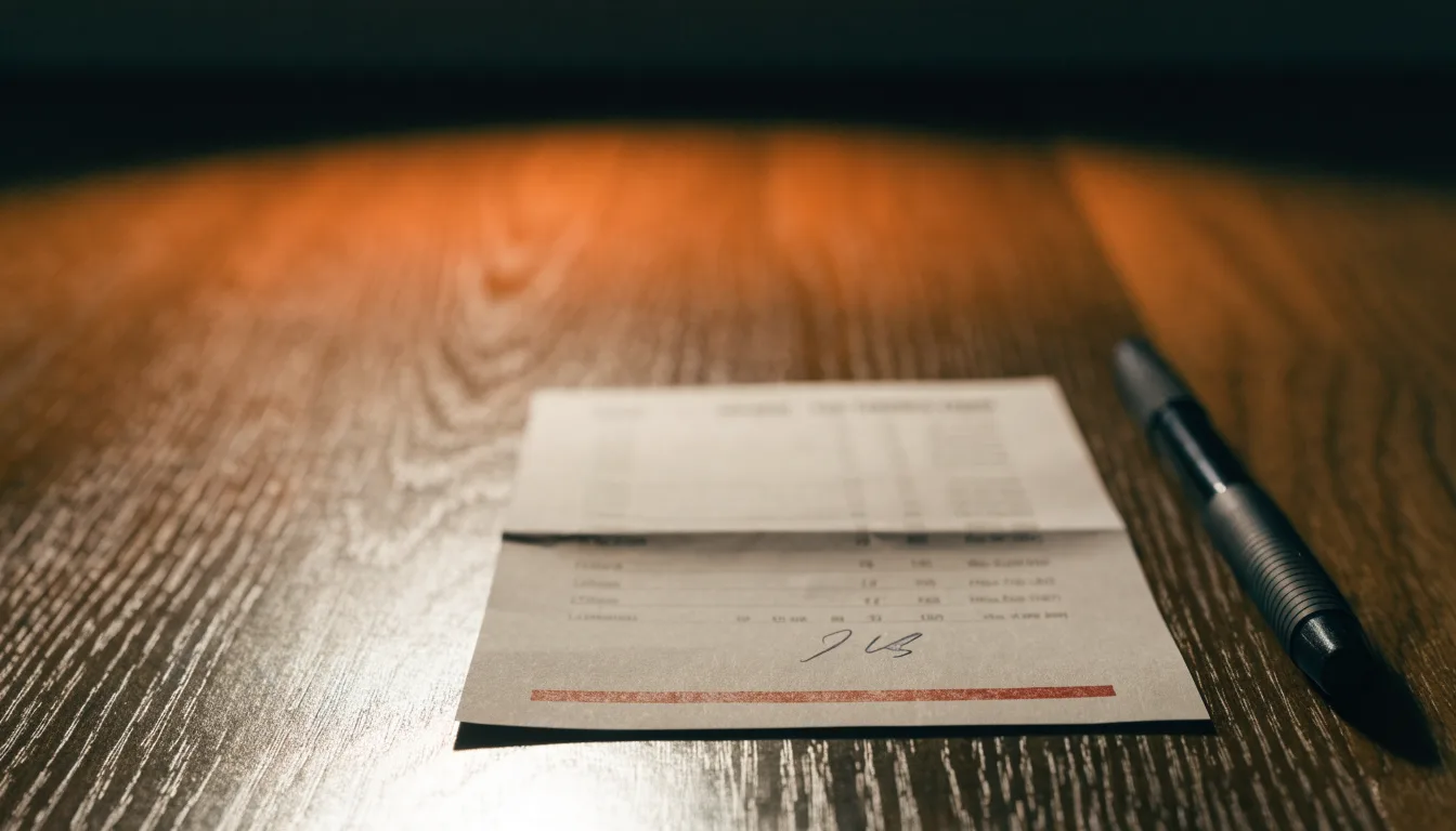 Un foglio di concessione in carta con un timbro rosso, appoggiato su una scrivania di legno accanto a una penna