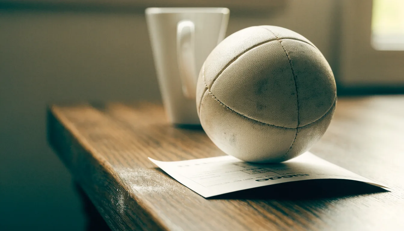 Un pallone da calcio appoggiato su una schedina bianca su un tavolo di legno, alla luce del giorno