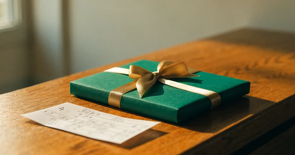 Un biglietto regalo con un nastro dorato accanto a una schedina su un bancone di legno