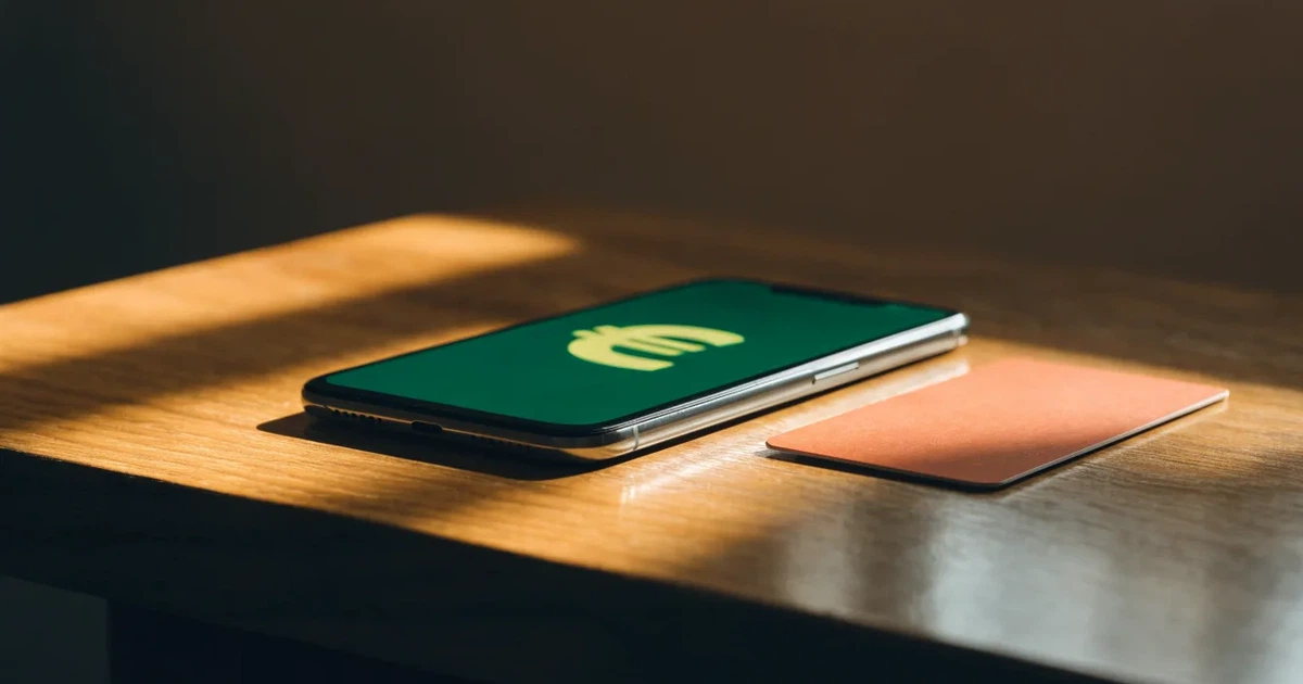 Uno smartphone e una carta di pagamento affiancati su un tavolo di legno, con alcune banconote da euro accanto