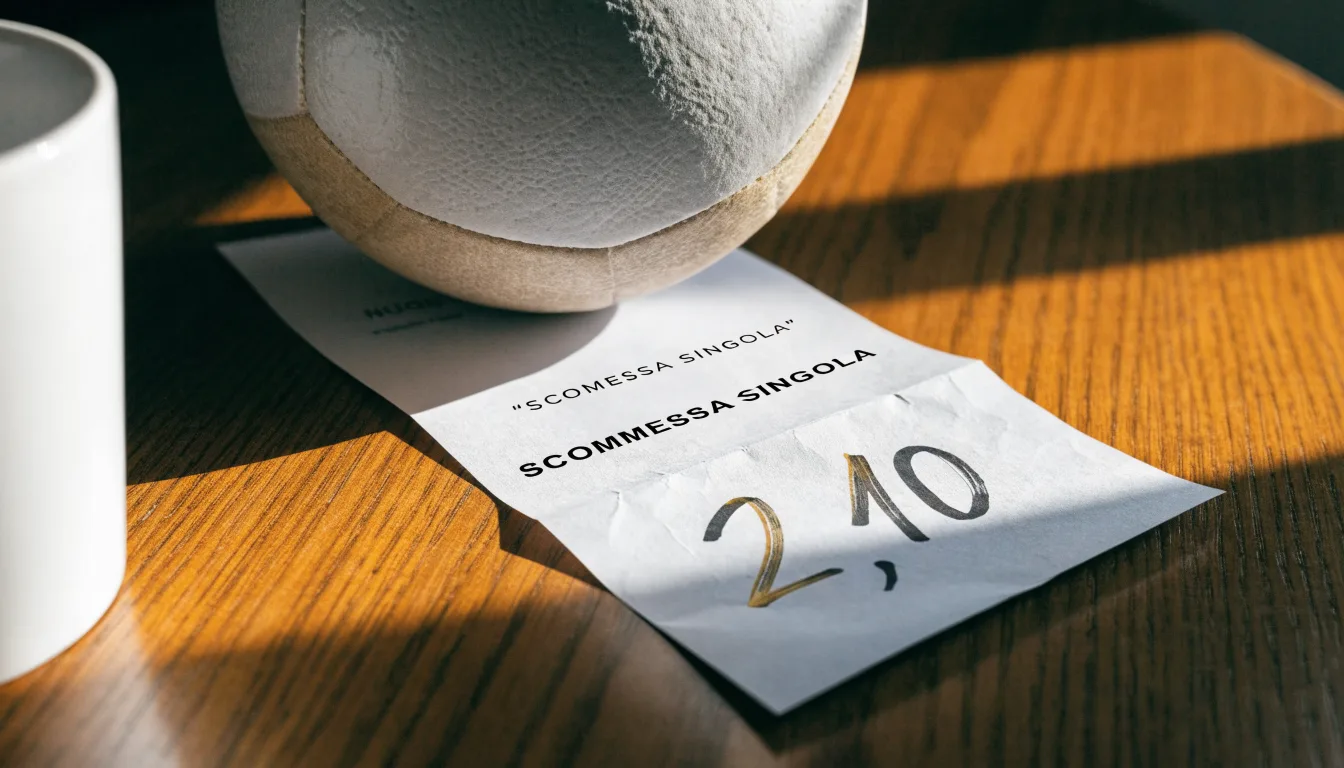 Un pallone da calcio appoggiato su una schedina bianca su un tavolo di legno, alla luce del giorno