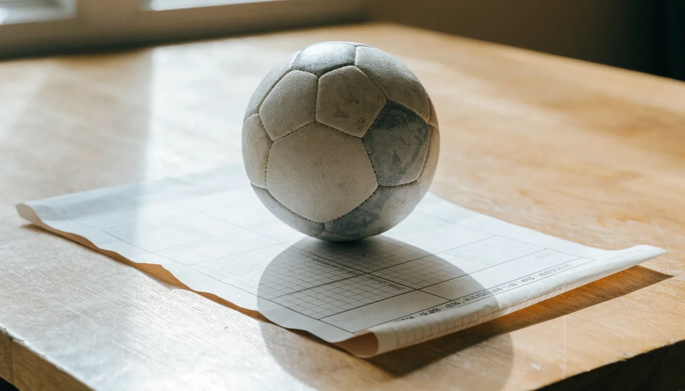 Un pallone da calcio appoggiato su una schedina bianca su un tavolo di legno, alla luce del giorno