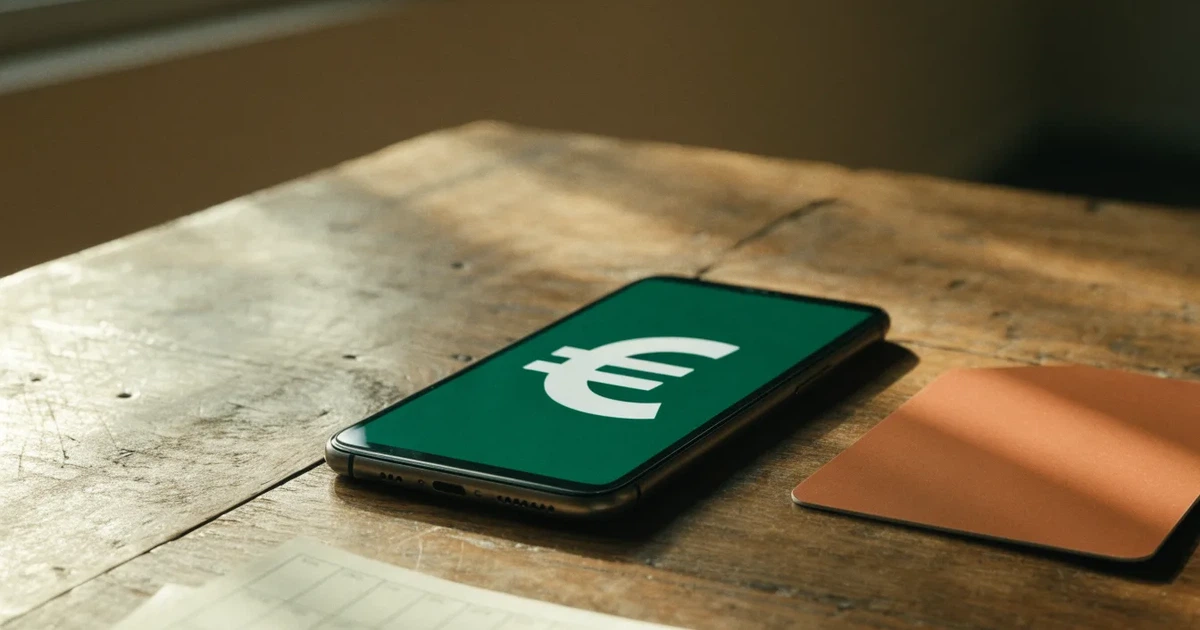 Uno smartphone e una carta di pagamento affiancati su un tavolo di legno, con alcune banconote da euro accanto