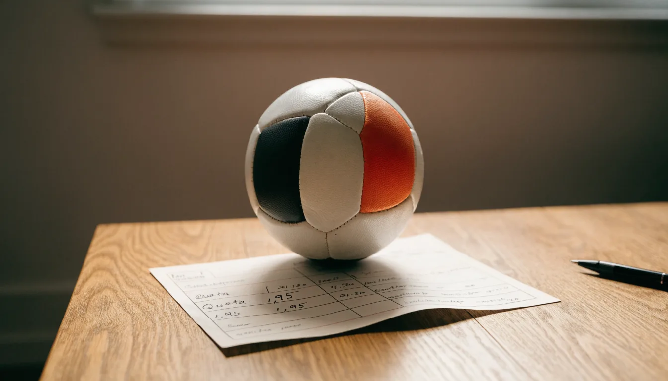 Un pallone da calcio appoggiato su una schedina bianca su un tavolo di legno, alla luce del giorno