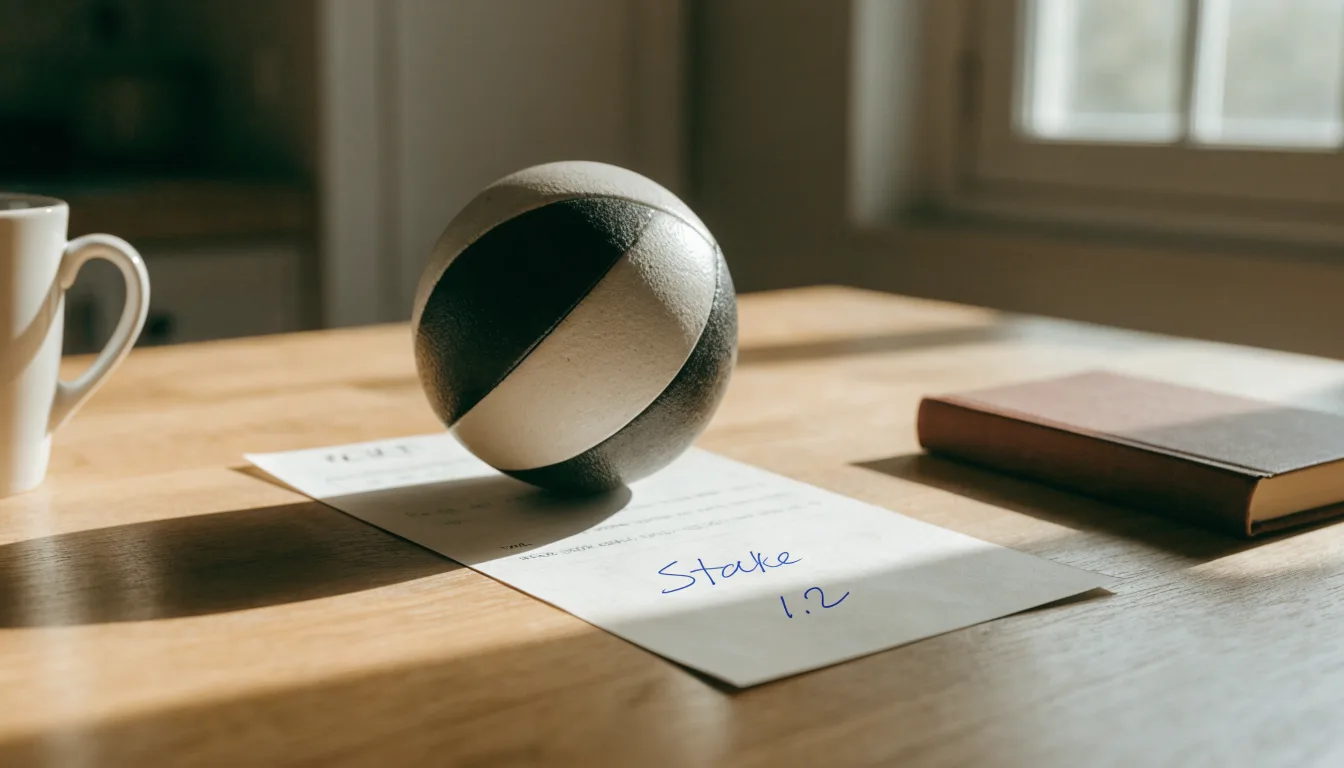 Un pallone da calcio appoggiato su una schedina bianca su un tavolo di legno, alla luce del giorno