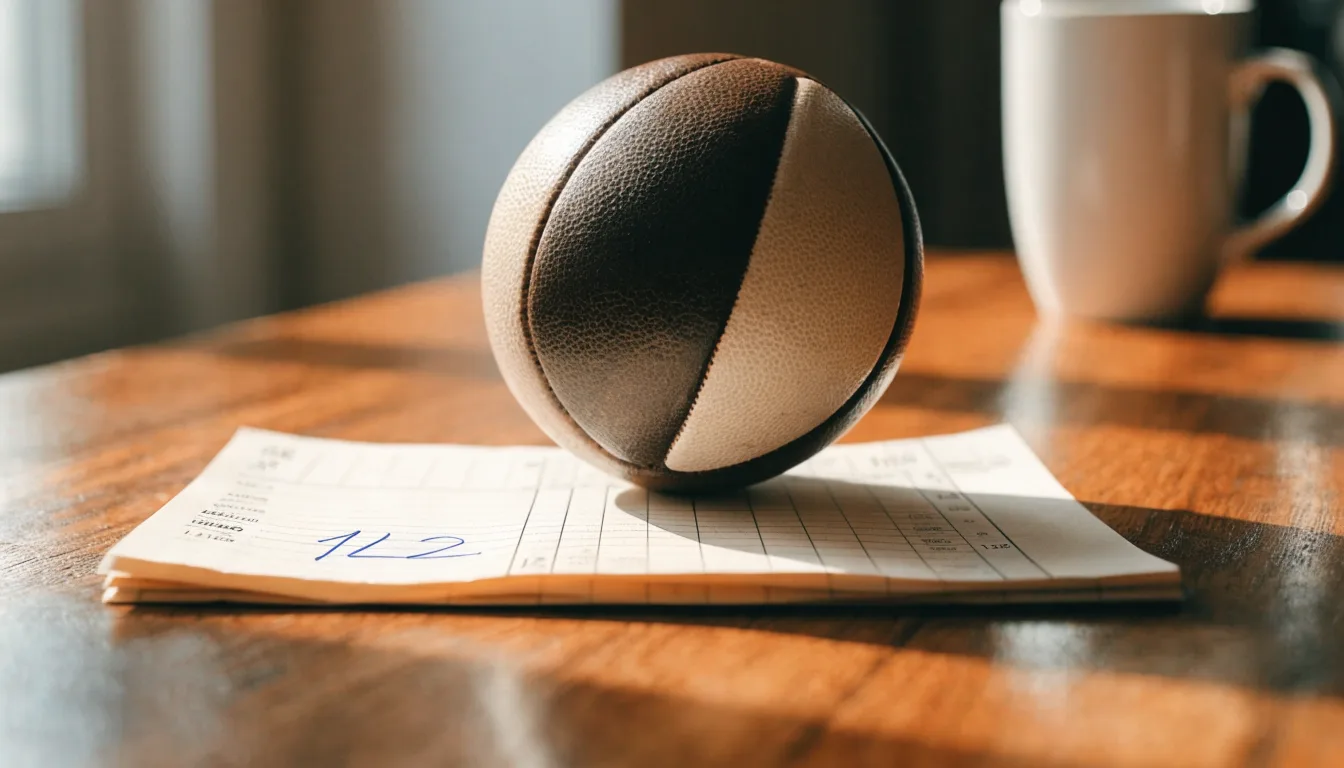 Un pallone da calcio appoggiato su una schedina bianca su un tavolo di legno, alla luce del giorno