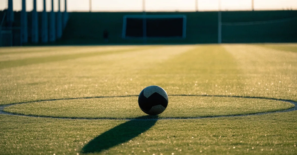 Un pallone da calcio sul dischetto del centrocampo di un prato, alla luce del mattino