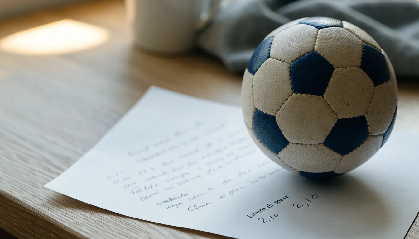 Un pallone da calcio appoggiato su una schedina bianca su un tavolo di legno, alla luce del giorno