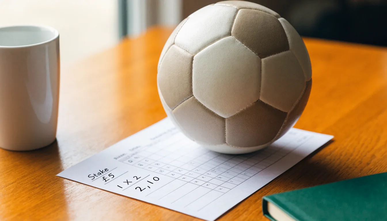 Un pallone da calcio appoggiato su una schedina bianca su un tavolo di legno, alla luce del giorno
