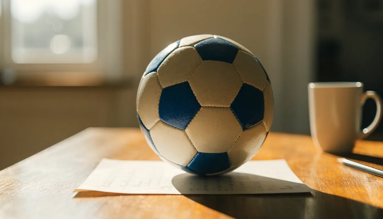 Un pallone da calcio appoggiato su una schedina bianca su un tavolo di legno, alla luce del giorno