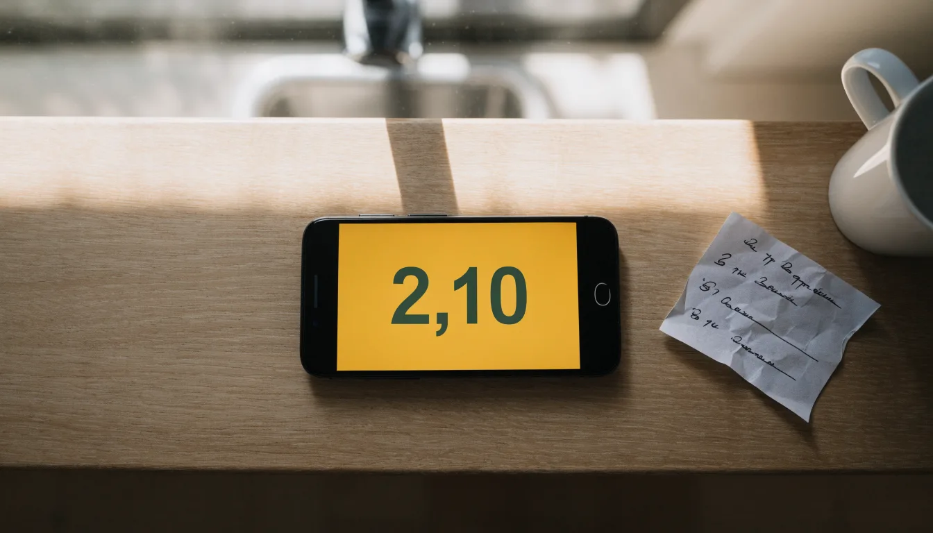 Un documento di identità appoggiato accanto a uno smartphone con un timer sullo schermo, su un tavolo da cucina
