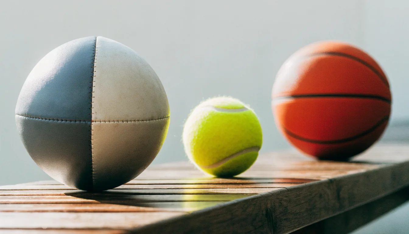 Tre palloni di sport diversi allineati uno accanto all'altro su una panca di legno