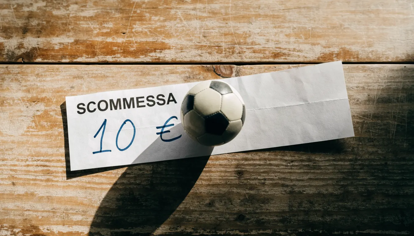 Un pallone da calcio appoggiato su una schedina bianca su un tavolo di legno, alla luce del giorno