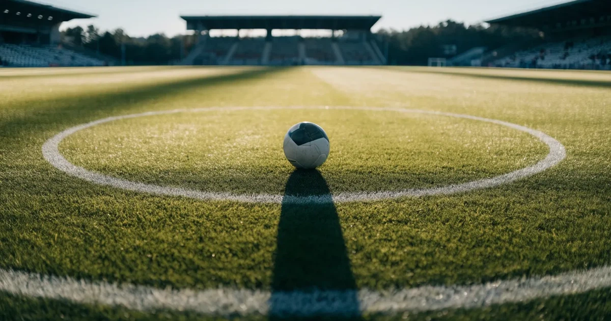 Un pallone da calcio sul dischetto del centrocampo di un prato, alla luce del mattino