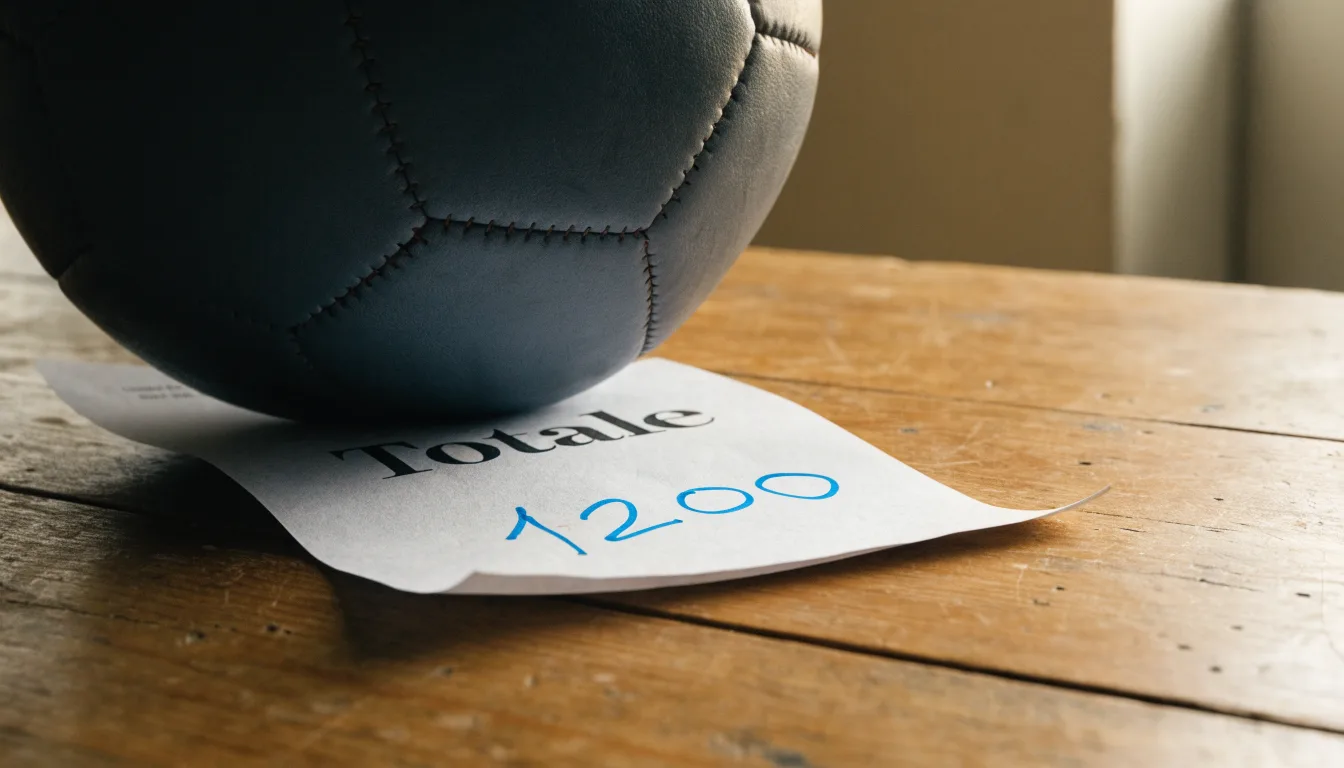 Un pallone da calcio appoggiato su una schedina bianca su un tavolo di legno, alla luce del giorno