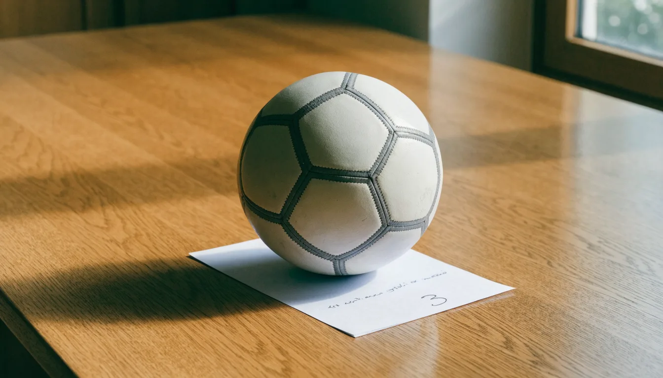 Un pallone da calcio appoggiato su una schedina bianca su un tavolo di legno, alla luce del giorno