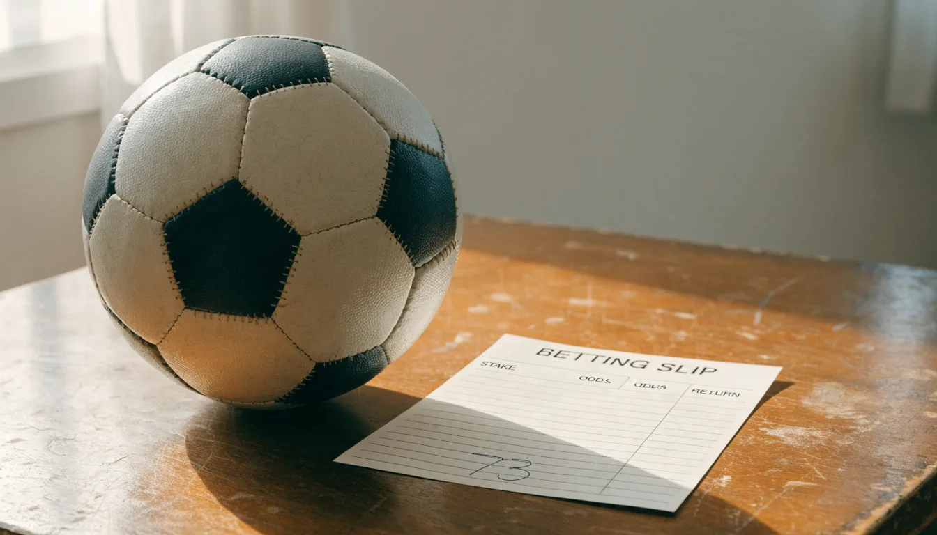 Un pallone da calcio appoggiato su una schedina bianca su un tavolo di legno, alla luce del giorno